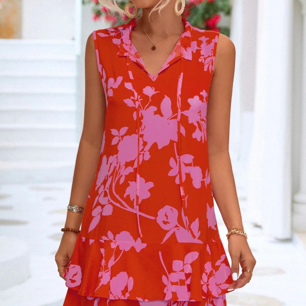 Pink and Red Sleeveless V-Neck Mini Sundress